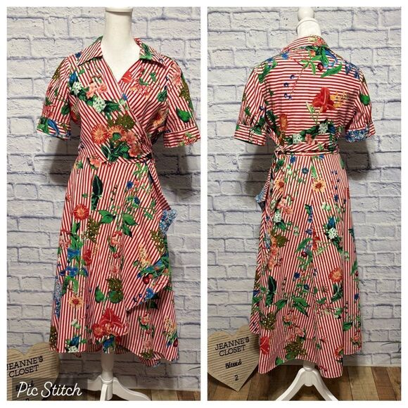 Calvin Klein Floral Striped Wrap Dress  High Low Red Pinstripe Pinup Size 8 - Picture 2 of 10